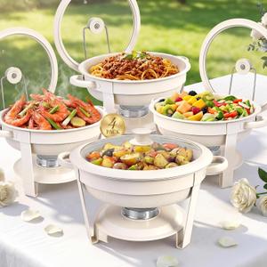 Chafing Dishes for Buffet,4 Pack 5QT Maifanite-Coated Chafing Dishes, White Chafing Dish Buffet Set with Glass Lid and Lid Holder,Food Warmers for Parties Buffet for Wedding,Church Events,Birthday
