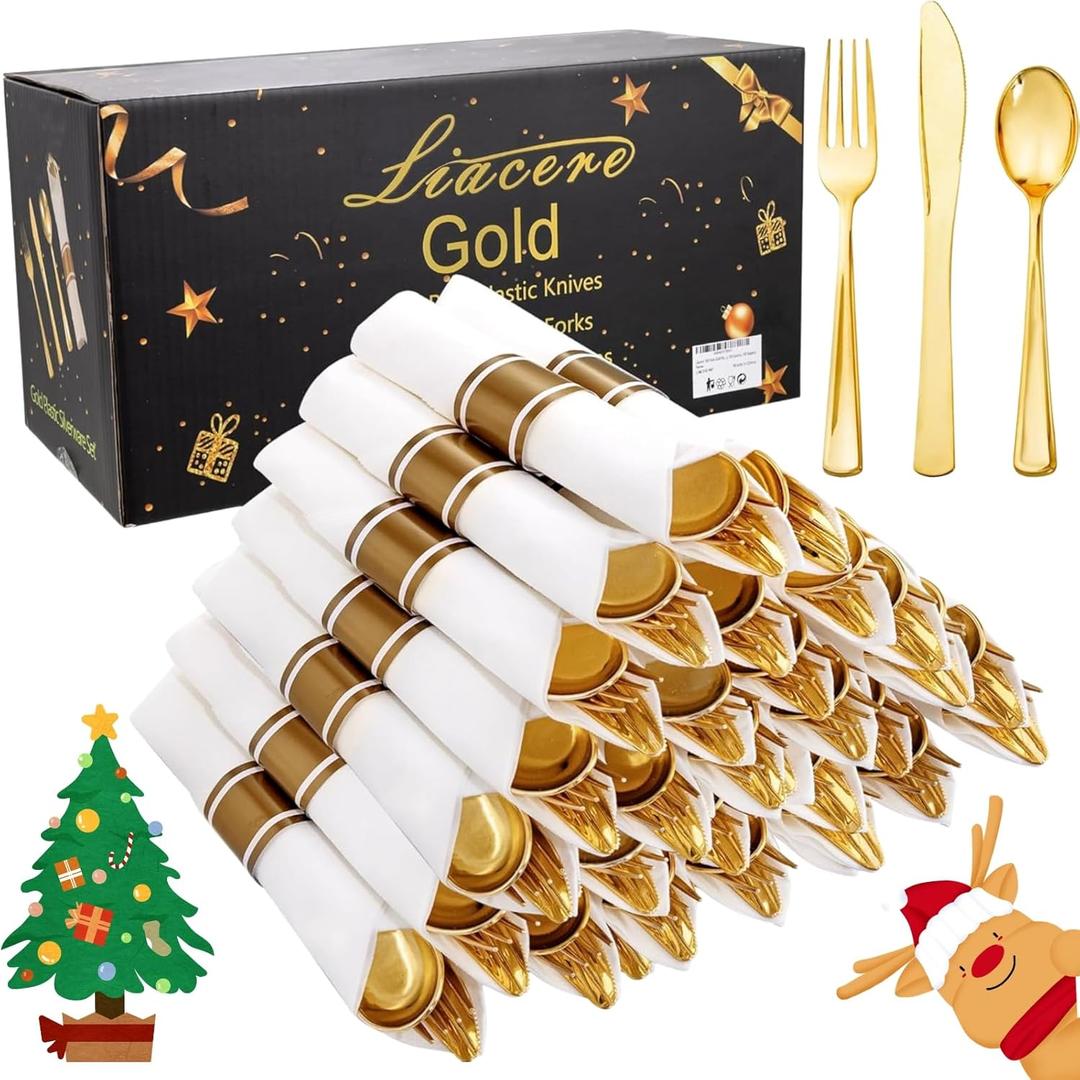 Liacere 100Pack Pre Rolled Gold Silverware and Napkin-Disposable Gold Plastic Utensils-Wrapped Plastic Cutlery Set with Napkin:100 Forks,100 Knives,100 Spoons,100 Napkins for ChristmasNew Year