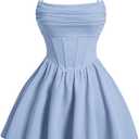 SHENHE Women's Ruched Corset Dress Spaghetti Strap Fit and Flare Flowy Skater Mini Cami Dress (Light Blue), Small
