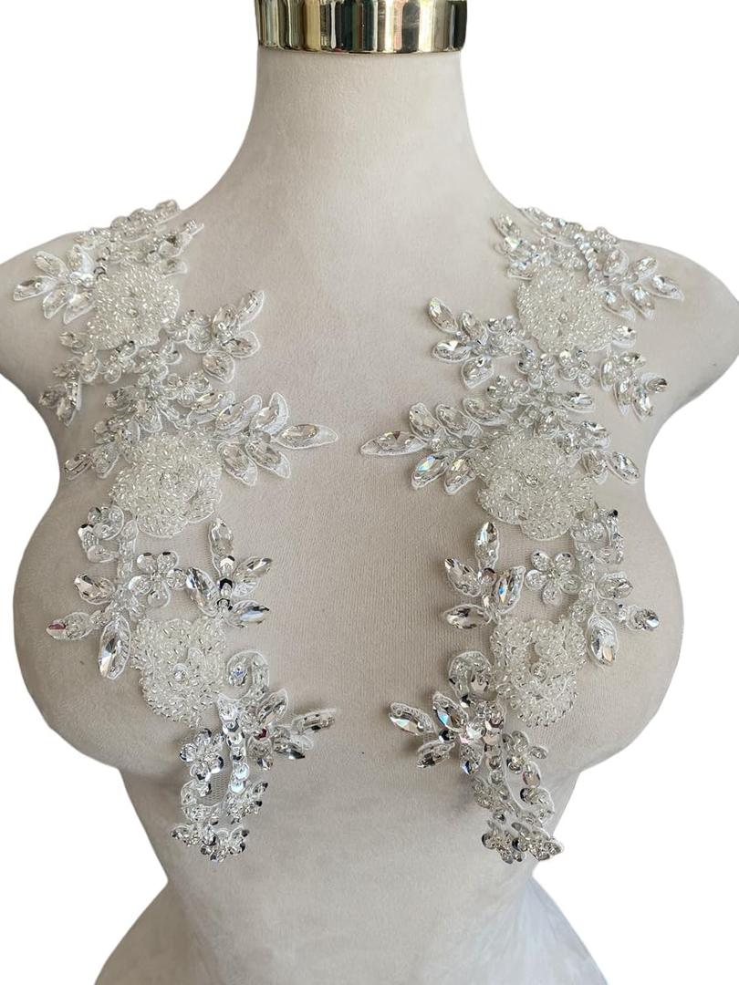 Jpumley. Pksn Handmade Rhinestones on Lace Applique Trim Sewing Beads Sequins Trim Patches for Wedding Dress Accessories 1Pair/Bag 6X14inches (Silver)