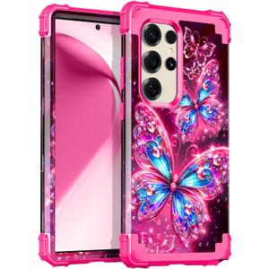 Miqala for Galaxy S25 Ultra 5G Case,Glow in The Dark Three Layer Heavy Duty Shockproof Full Protection Hard Plastic Bumper+Soft Silicone Protective Case for Samsung Galaxy S25 Ultra 6.9 inch,Pink