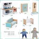 Giant bean 36pcs Wooden Dollhouse Furniture Set 5 Rooms 4 Family Dolls, Wood and Plastic Blue Dollhouse Accessories, Pretend Play Furniture Toys Christmas Birthday Gift for Boys Girls Kids Toddlers 3+