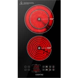 Dual Heating Coil Design of 2 Burner Electric Cooktop, 1800W Commercial Ceramic Infrared Cooking Hot Plate, Portable Countertop or Built-in Radiant Stove Top Cooker with WATT and TEMP Control