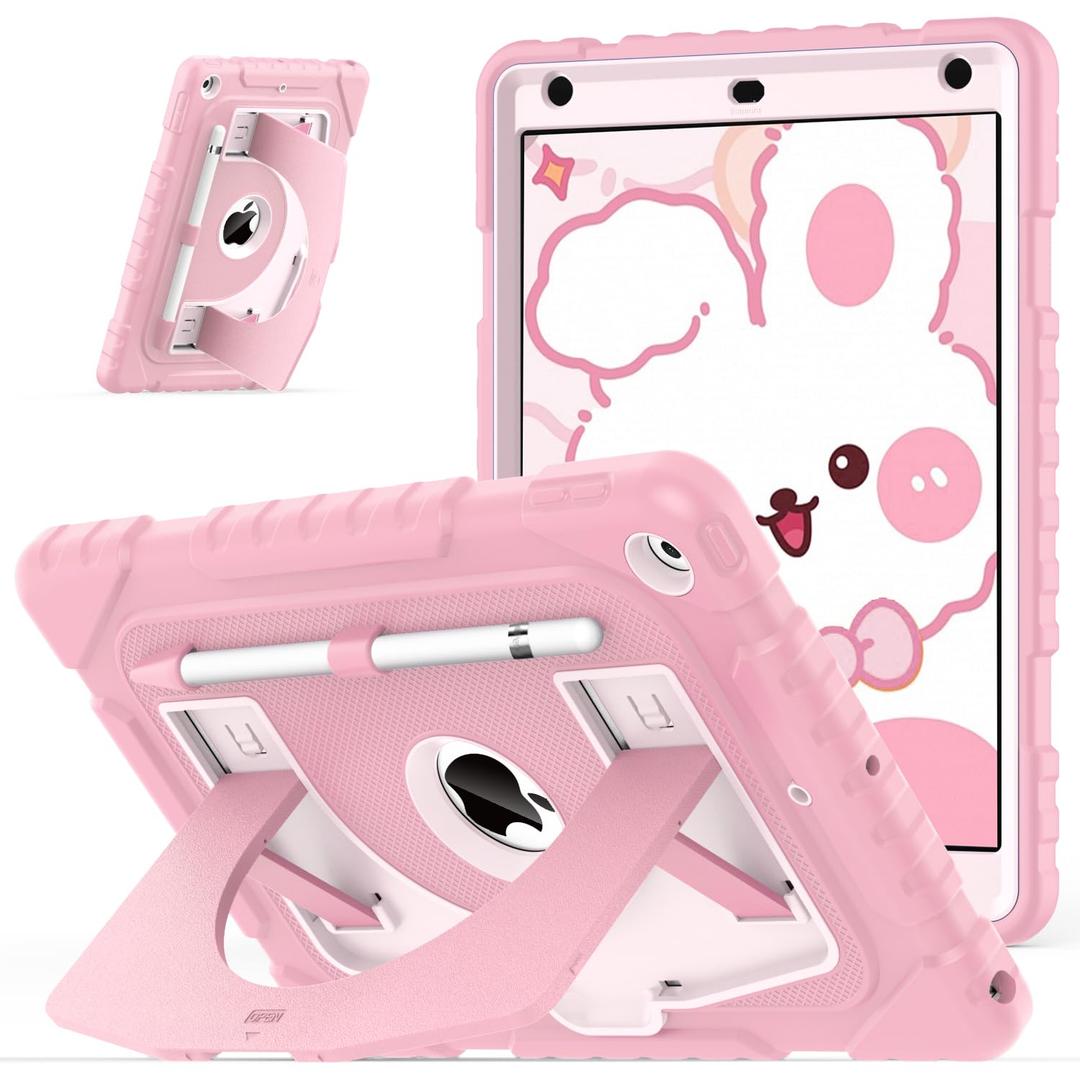 OKP Case for iPad 9th/ 8th/ 7th Generation 10.2 Inch (2021/2020/2019), Shockproof Rugged Heavy Duty i Pad 9 8 7 th Gen Protective 10.2'' Cover with Pencil Holder/Kickstand, Pink+Light Pink