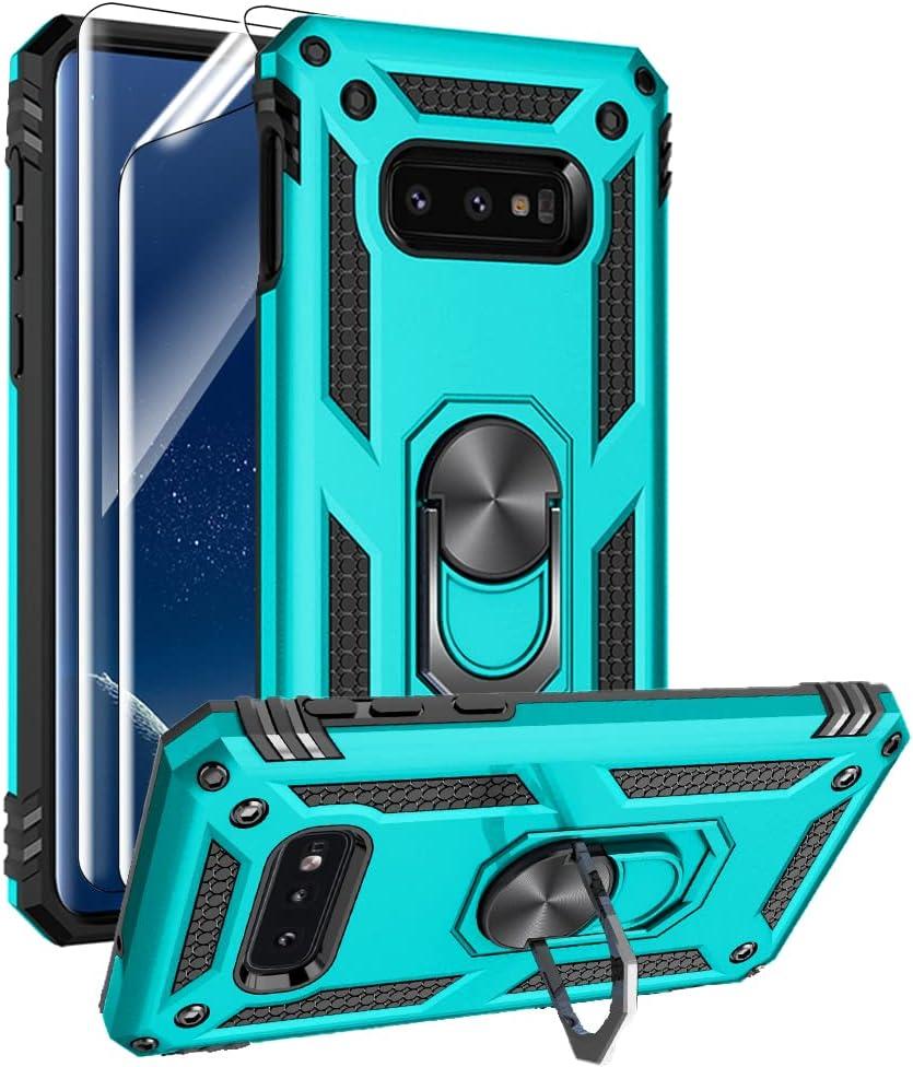 For Samsung Galaxy S10e Case with HD Screen Protectors, Military-Grade Metal Ring Holder Kickstand 15ft Drop Tested Shockproof Cover Case for Samsung Galaxy S10e (2019) Teal