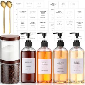 9 Pcs Coffee Syrup Dispenser Set 16.9 Oz/500 ml Plastic Coffee Syrup Dispenser Pump Bottle Pet Jar with Lids Gold Spoon and Labels for Home Bar Organization
