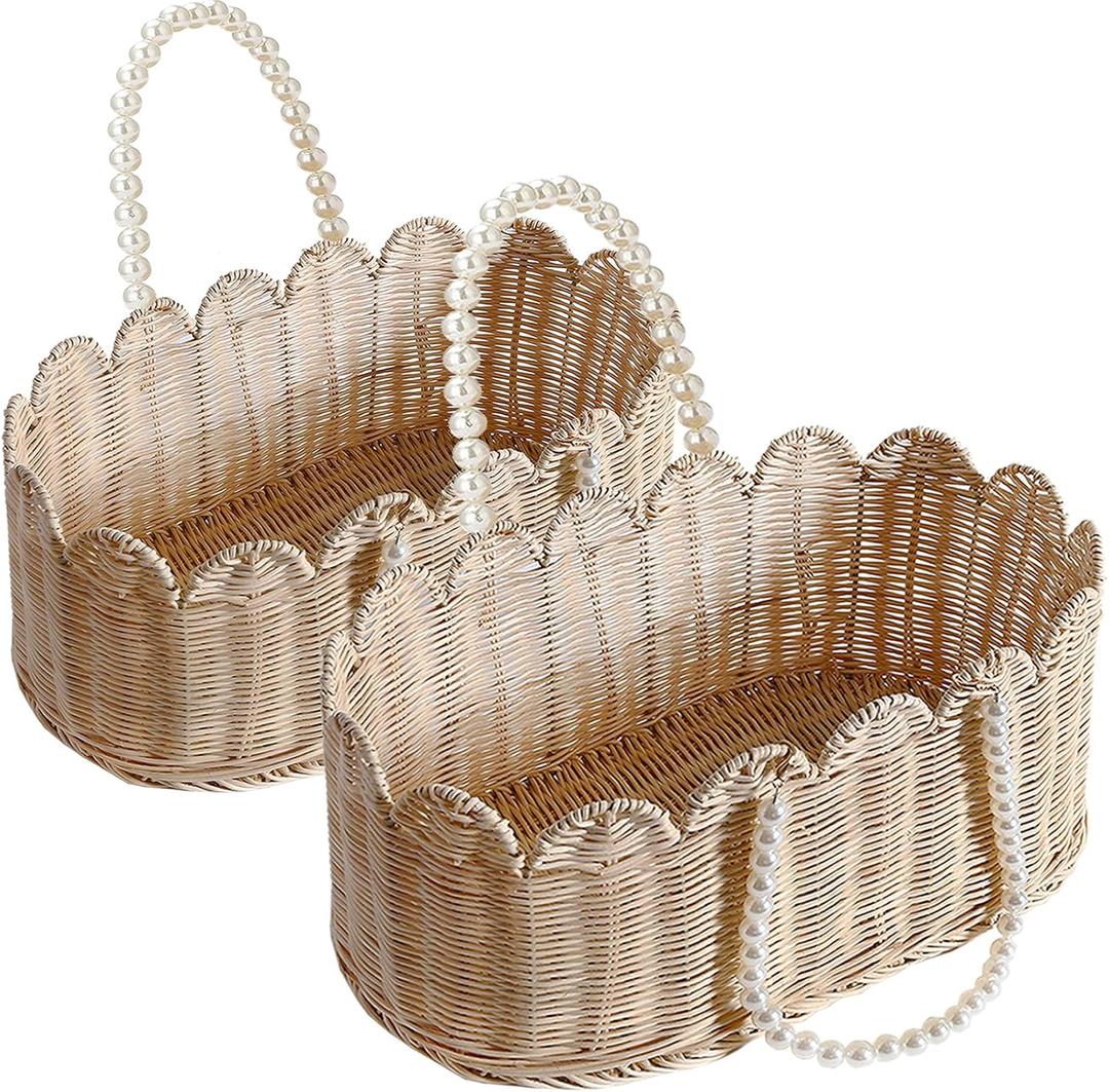 Set of 2 Scalloped Basket, Wicker Storage Baskets, Hand Woven Baskets for Shelves,Natural Baskets for Organizing (Rattan(Ellipse-16"L x 10"W x 7"H))