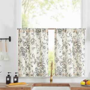 jinchan Linen Kitchen French Floral Tier Curtains 30 Inch Farmhouse Vintage Cafe Small Window Rustic Half Window Curtains for Living Room Bathroom 2 Panels Black on Beige