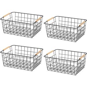 PATIKIL Kitchen Wire Basket, 4 Pack 11"L 9"W Pantry Organization Metal Storage Organizer Household Refrigerator Bin with Wood Handles for Cabinets Closets Bedrooms, Black
