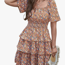 PRETTYGARDEN Women's 2026 Floral Summer Short Dress Square Neck Short Sleeve Tiered Ruffle Boho Swing Dresses XL