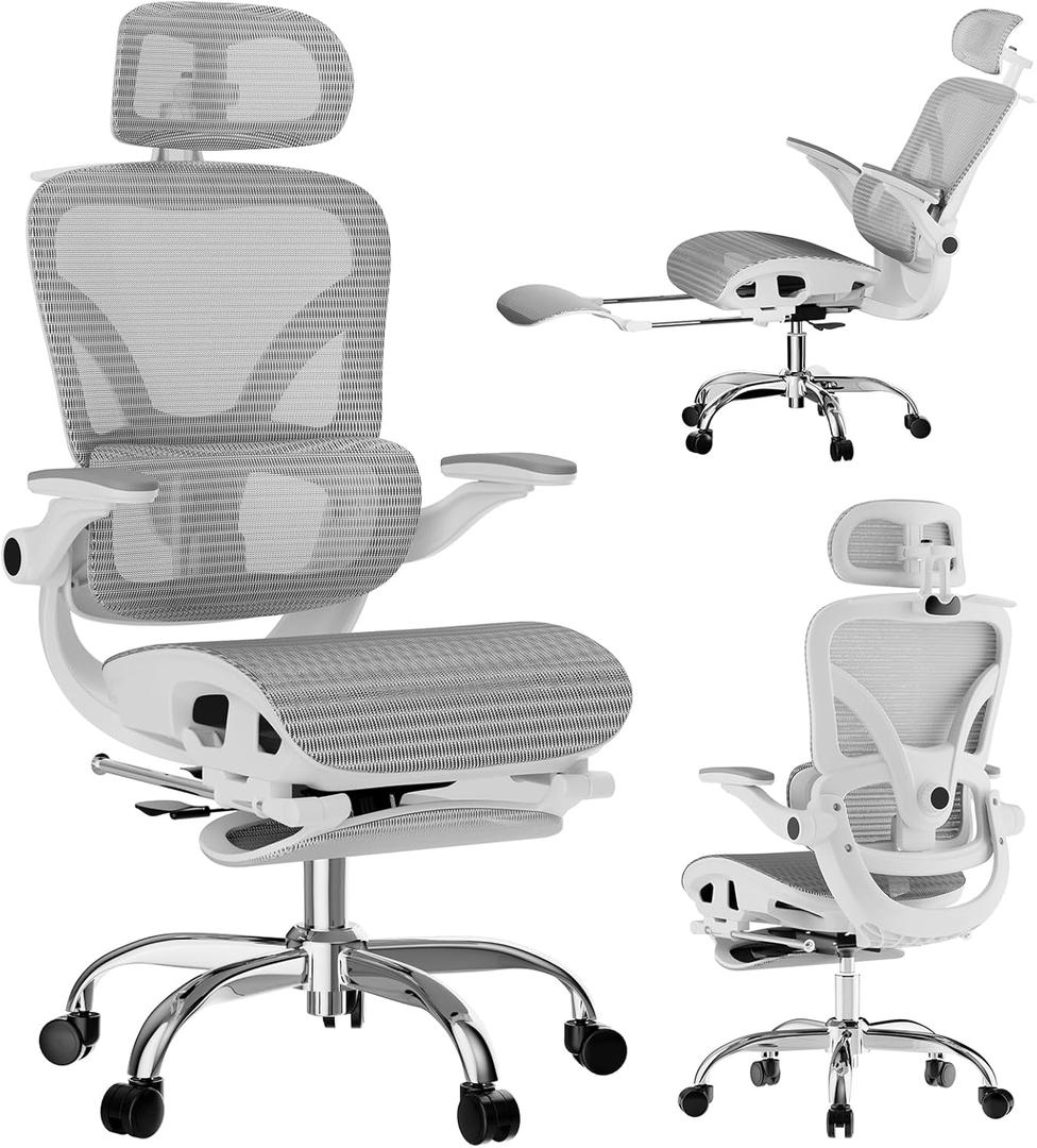 Alllion Ergonomic Mesh Office Chair, Home Desk Chair Comfy High Back with Adjustable Lumbar Support, 3D Headrest, Flip-up Arms, Big and Tall Reclining Computer Gaming Chairs for Men Women, Grey