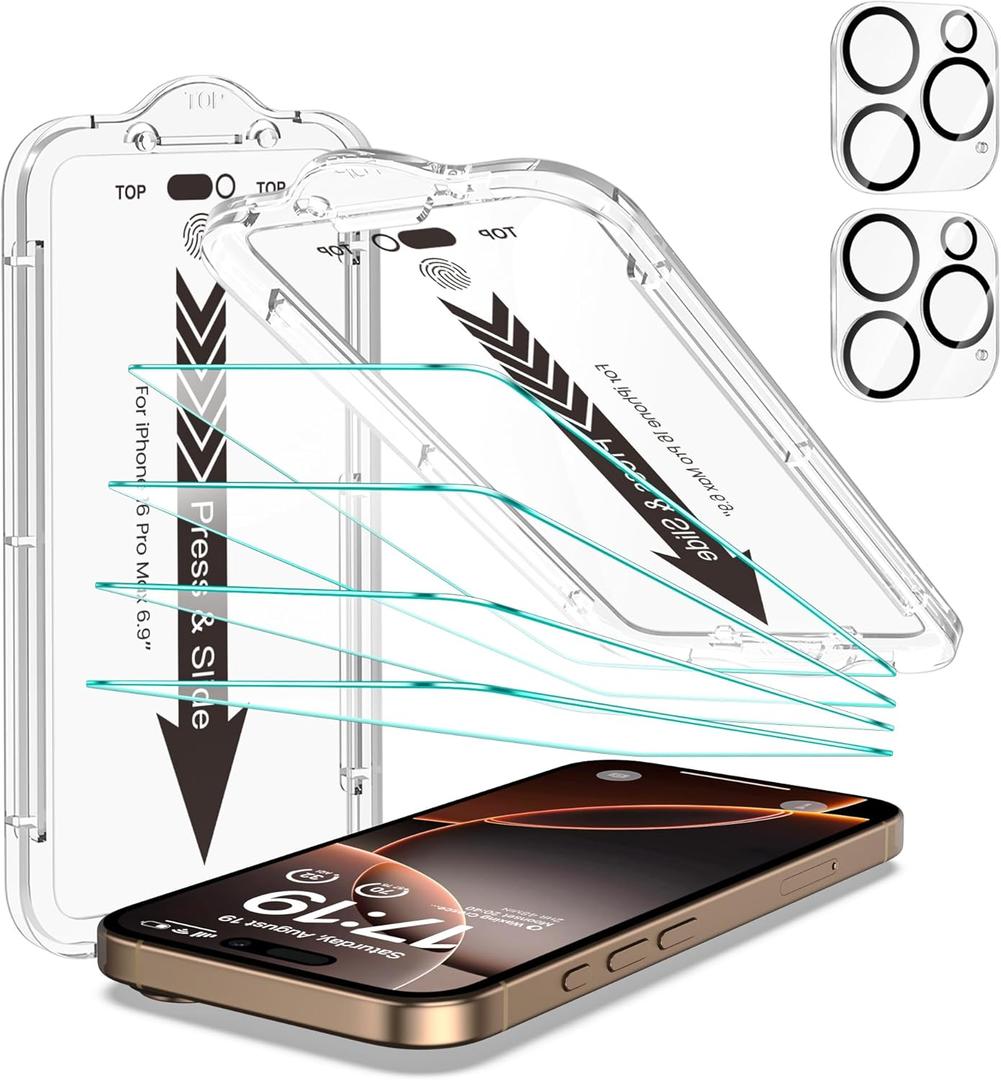 EZ-GLAZ 4-Pack Screen Protectors for iPhone 16 Pro Max[6.9"] Transparent HD Clear with Flawless Fit Kit + 2-Pack Camera Lens Protector, 15-Second Bubble-Free Installation, 9H Hardness, 12FT Military Grade Shatterproof, Scratch Resistant, Tempered Glass