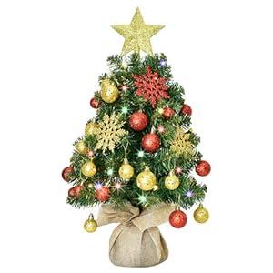 HOYECHI 24" Mini Christmas Tree - Small Tabletop Artificial Xmas Tree with Lights, Star Treetop, Ornaments Balls, DIY Decorations - Green & Gold