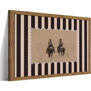Framed Vintage Western Wall Art, Rustic Striped Cowboy Canvas Print, Retro Farmhouse West Stamp Paintings Canvas Prints Mid Century Rodeo Home Decor for Bedroom Living Room Entryway 16x24 Inch Ready to Hang