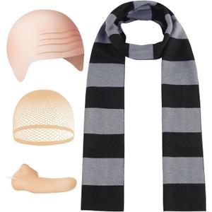 4 Pcs Halloween Costume Accessories for Adult, Black Gray Striped Scarf/Fake Nose/Bald Cap for Men Cosplay Set