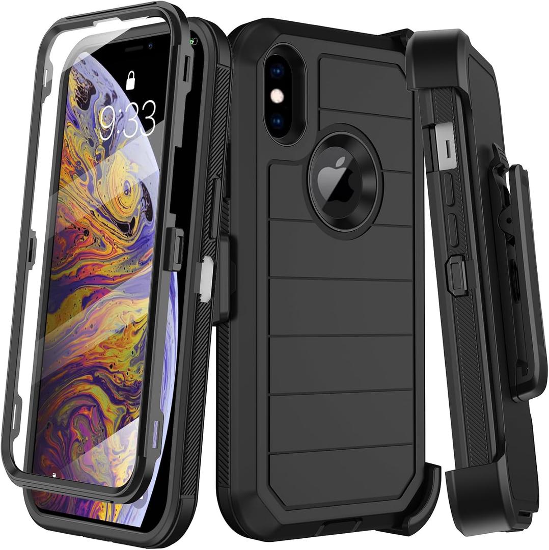 for iPhone X Case with Built-in Screen Protector, iPhone Xs Case Belt Clip Holster,Heavy Duty Shockproof Drop Protection Military Grade Rugged Full Body Phone Cover with Kickstand (Black)