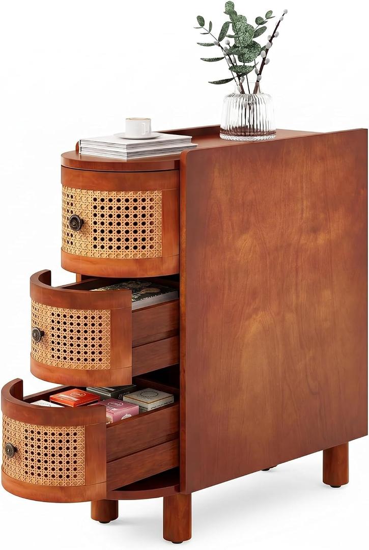 LITTLE TREE Solid Wood End Table, Rattan Narrow Side Small Table with 3 Drawers, No Assembly Required, Nightstand Bedside Tables for Living Room, Bedroom, Office, Bathroom, Brown, 1PCS