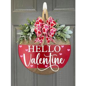 Valentine's Day Welcome Wreath Sign Decorations, Hello Valentine Hanging Sign for Front Door, Valentine's Day Wooden Door Wreath with Bow for Holiday Rustic Farmhouse Outdoor Wall Window Decor (Red)