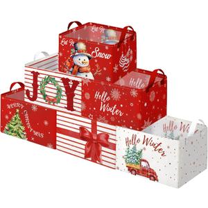 Maxcheck 6 Pcs Large Christmas Storage Basket Foldable Red Xmas Gift Basket Rectangle Merry Christmas Storage Boxes Bin Let It Snow Fabric Laundry Organizer with Handles for Cloth Toy (Novel Style)