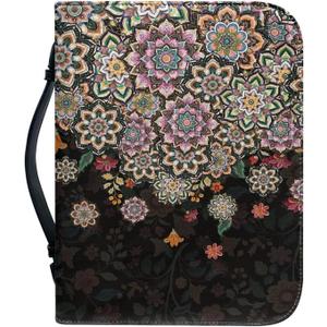 Suobstales Boho Mandala Flower Print Bible Cover for Women Men PU Leather Makeup Organizer Expand Brief Case Journal Case Christian Purses Handbags with Handle and Zippered, XL