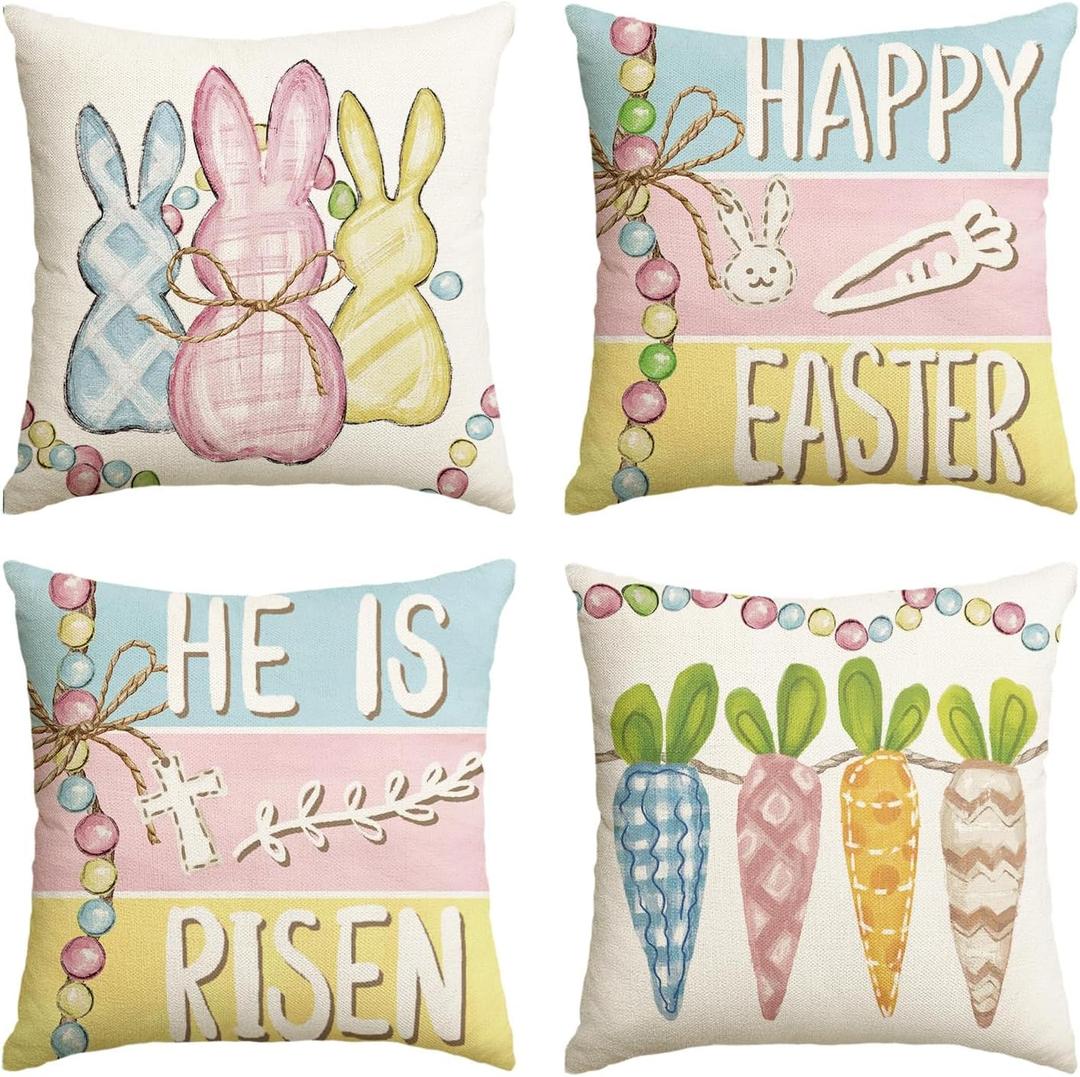 AVOIN colorlife Happy Easter Colorful Bunny Carrots Throw Pillow Covers, 20 x 20 Inch He is Risen Stripes Cushion Case Decoration for Sofa Couch Set of 4