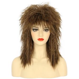 karlery Women Men Long Curly Brown Wig 70s 80s Rocker Mullet Costume Wig Halloween Cosplay Party Wig