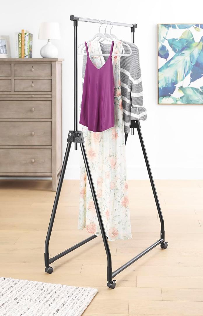 Whitmor Folding Garment Rack - Rolling Clothes Hanger - Adjustable Height - Black (22 x 34.75 x 66.25 inch - Black & Silver)