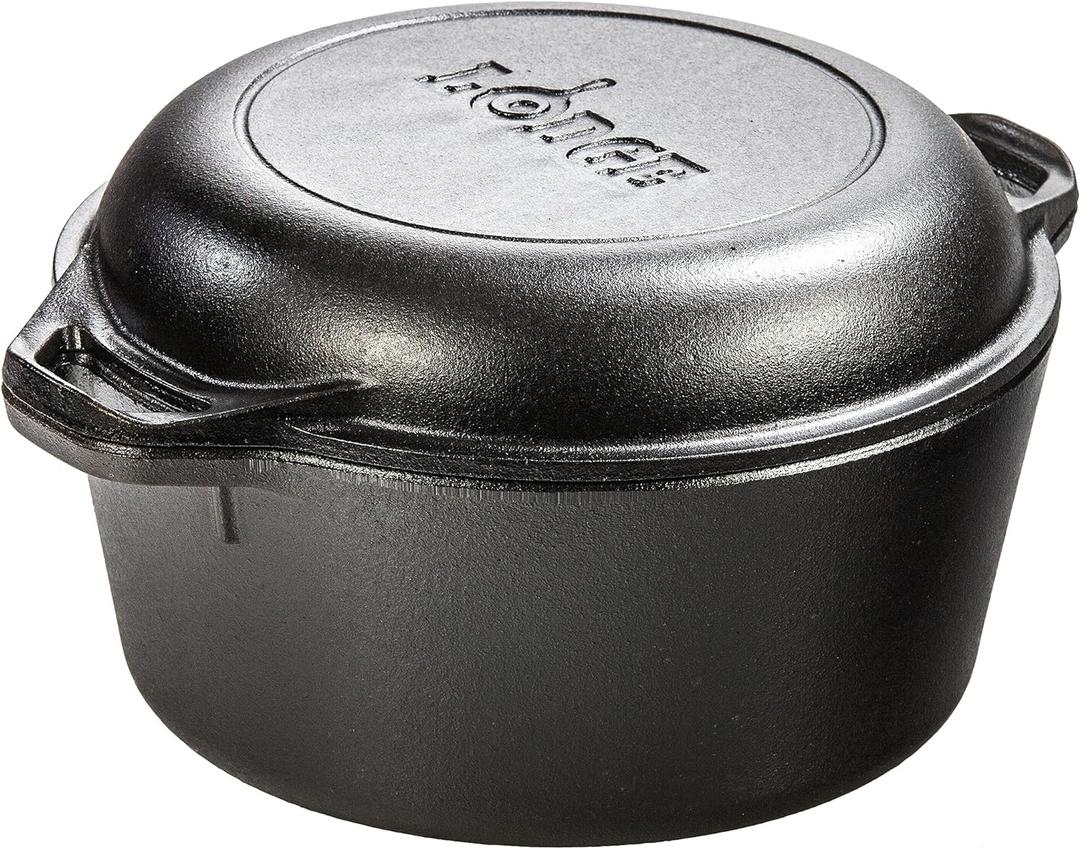 Lodge 5 Quart Pre-Seasoned Cast Iron Double Dutch Oven with Lid - Dual Handles - Lid Doubles as 10.25 Inch Cast Iron Grill Pan - Use in the Oven, on the Stove, on the Grill or over the Campfire - Black