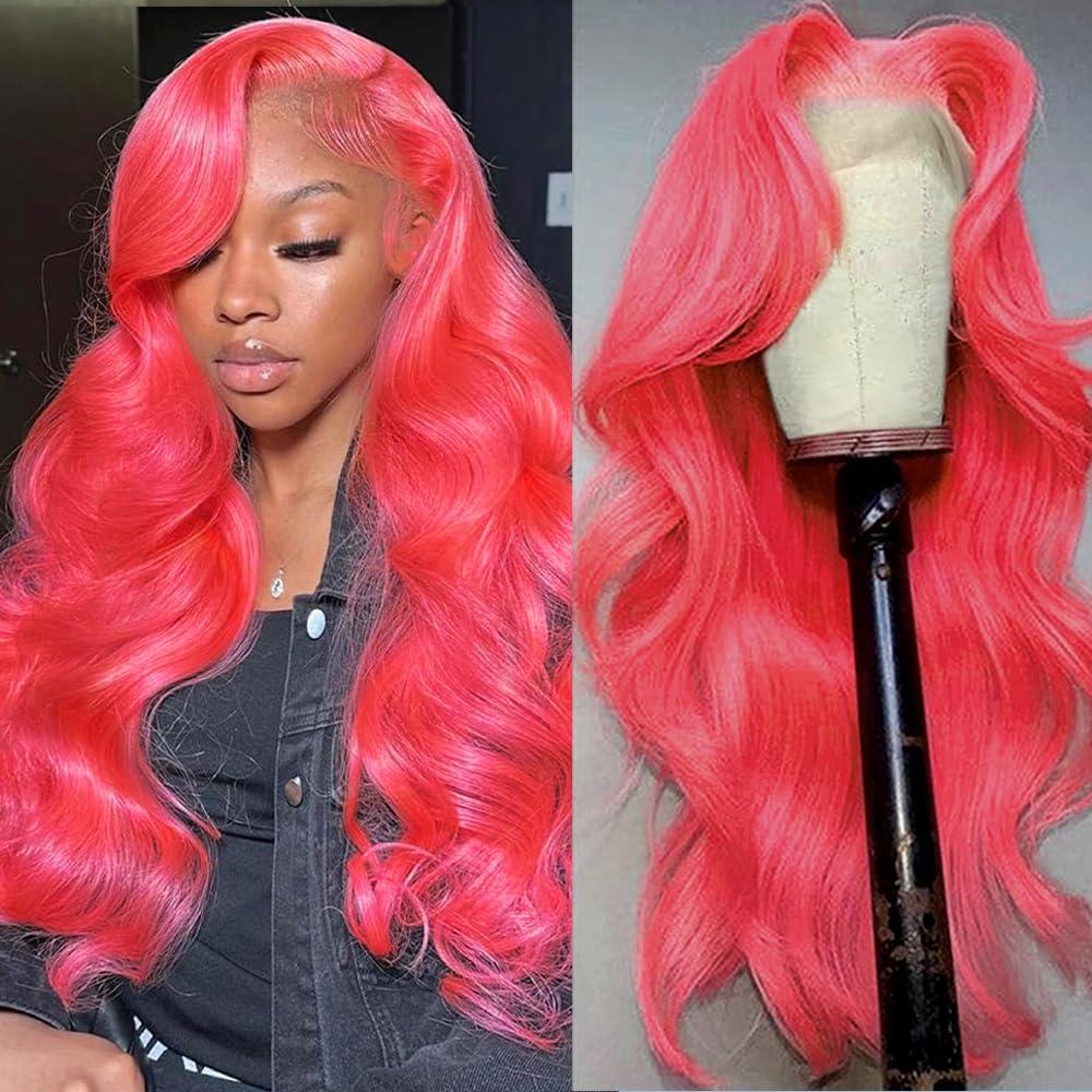 Colorful Bird Hot Pink Lace Front Wig Human Hair Body Wave 32 Inch 13x6 Hd Lace Frontal Wigs Glueless Pre Plucked with Baby Hair for Women 180% Density Red Pink Colored