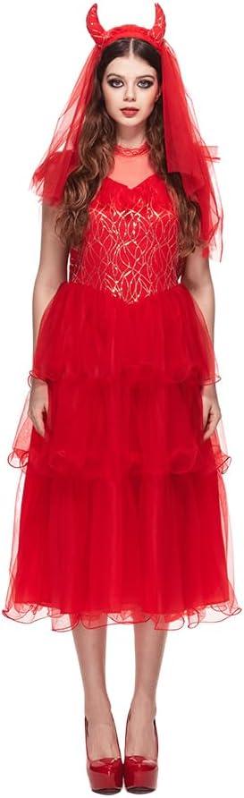 EraSpooky Adult Womens Red Devil Bride Costume Villainous Demon Halloween Wedding Dress with Devil Horns Veil (Large)
