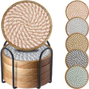 Coasters for Drinks Absorbent Sets of 5, Woven Coasters with Holder, Housewarming Gift for Farmhouse Home Decor, 4 inches (Colorful Series)