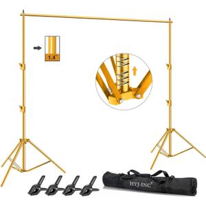 Photo Video Studio Backdrop Stand- Gold, 12(W) x 10(H) ft Heavy Duty Adjustable Photography Muslin Background Support System Kit with Carry Bag,4 Spring Clamps