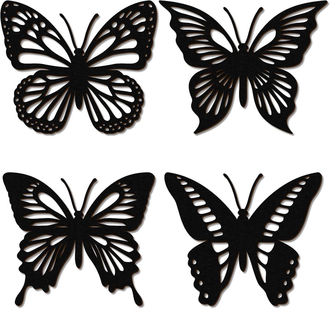 Qunclay 4 Pcs Wooden Butterfly Wall Decor Large Butterfly Wall Art Boho Home Hanging Modern Sculpture Decorations Modernist Signs for Living Room Bathroom Yard Gallery Indoor Outdoor(Black)