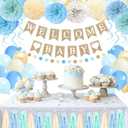 Blue Baby Shower Decorations for Boy with Welcome Baby Banner, Blue Champagne Balloons, Tassel Garlands, Swirls, and Paper Pom Poms for Boho Baby Shower or Gender Reveal Party Supplies