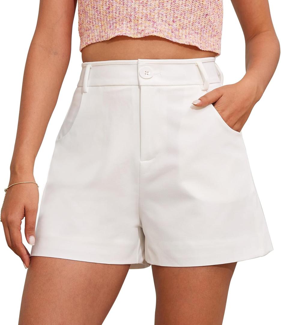 Ginasy Summer High Waisted Shorts for Women - Trendy Dressy Casual Wide Leg With Pockets (Medium, White)