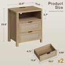 Rattan Nightstand w Charging Station, Large Boho Night Stand, Natural Wood, 15.9"L x 11.8"W x 23.5"H