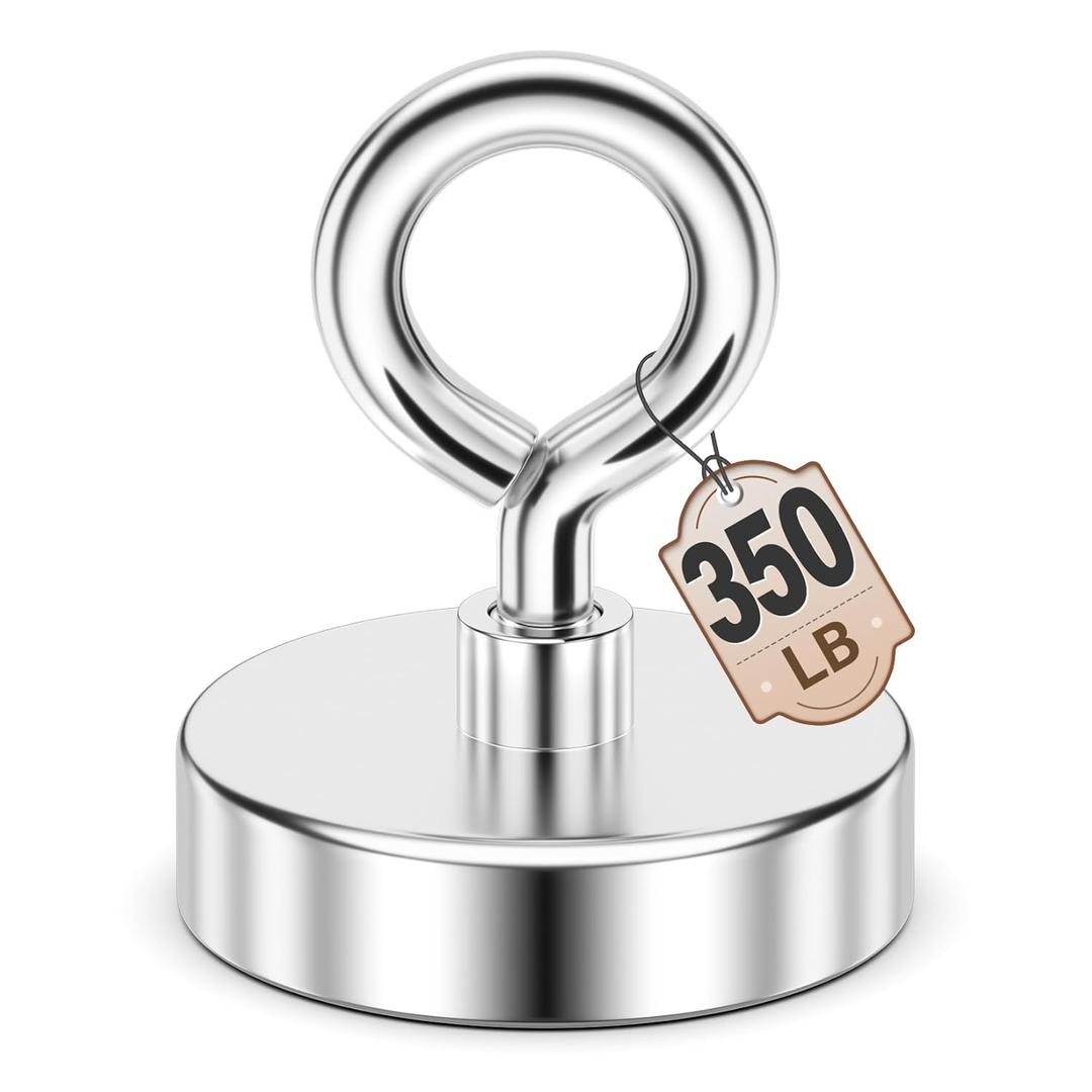 FINDMAG Fishing Magnets 350 LBS Pulling Force 2 inch Neodymium Rare Earth Magnet with Lifting Eye-Bolt, Super Strong Round Magnet for Retrieving Items in Lake, Beach, Lawn and New House