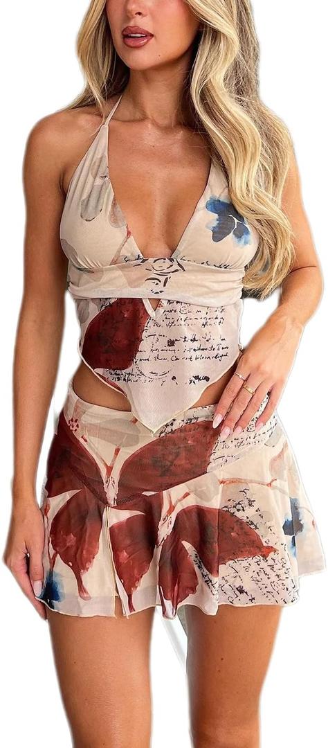ksotutm Sexy 2 Piece Skirt Sets for Women Floral Print Halter Tank Tops Mini Skirt Summer Beach Casual Outfits (Small, Color)