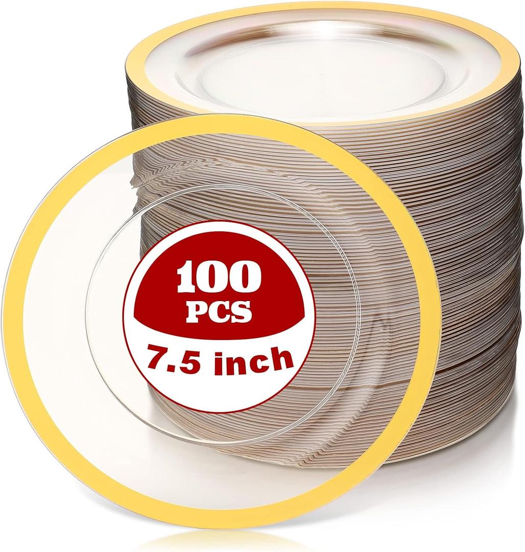 Tanlade 100 Pcs Clear Gold Plastic Plates Bulk 7.5 Inch Disposable Heavy Duty Dinner Plates with Rim Round Salad Dessert Appetizer Dinnerware for Wedding Birthday Party Supplies