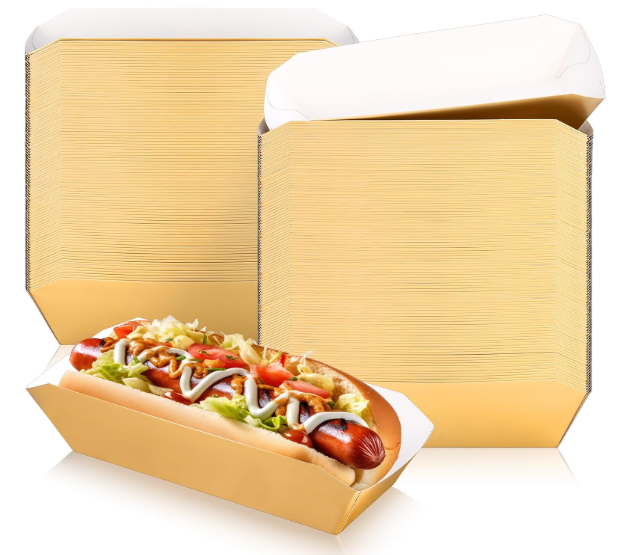 Yeaqee 100 Pcs 7" Paper Hot Dog Trays Disposable Paper Food Nacho Boats Hot Dog Holders Food Plates Disposable Serving Trays for Carnivals, Parties, Dinner, Cookouts(Gold)