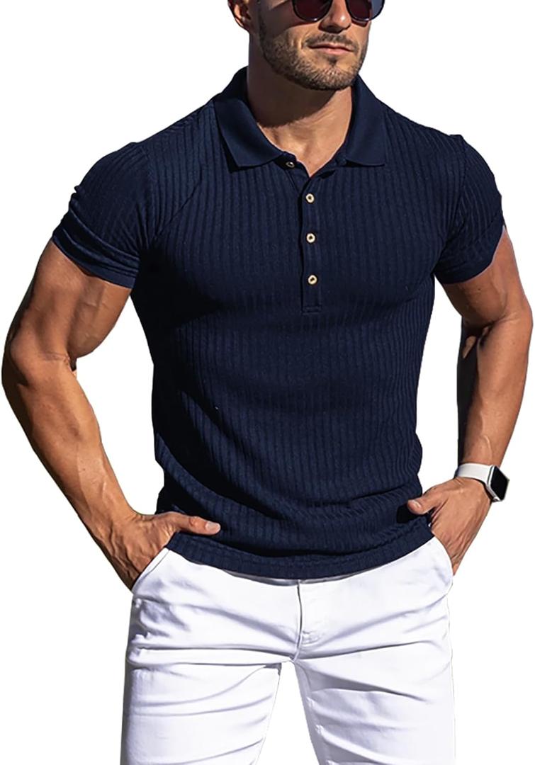 URRU Men's Muscle T Shirts Stretch Short Sleeve Workout Tee Casual Slim Fit Polo Shirt