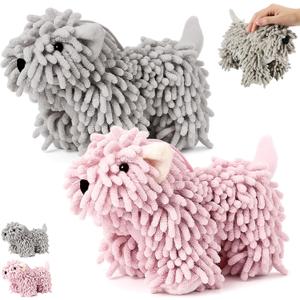 2 Pcs Chenille Dog Hand Towel Fuzzy Dog Towel Absorbent Microfiber Soft for Bathroom Kitchen Washstand (Grey Pink)
