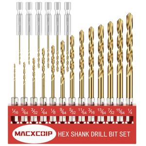 Drill Bit Set, 19Pcs Hex Shank Titanium Twist Drill Bit for Sheet Metal, Wood, Plastic, Quick Change Design (1/16" - 1/4")