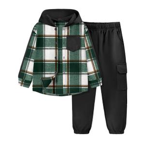 ADIRUN Toddler Boys Clothes 3t 4t Toddler Boy Outfit Plaid Button Down Long Sleeve Hooded Shirt Tops Pants Little Boys Clothes with Pockets Sweatsuit 2Pcs Fall Winter Outfits Green White, 3-4Y