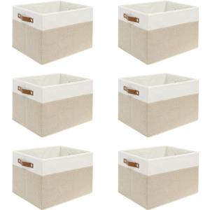 6 Pack Large Fabric Storage Baskets for Shelves , Closet Storage Bins for Shelves, Fabric Baskets for Organizing with Handles for Home and Office (White with Beige,15" L*10.2" W*9" H)