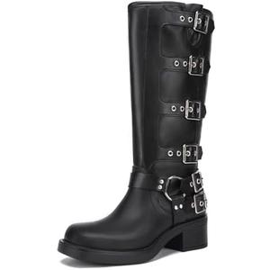 Athlefit Women's Knee High Riding Boots Fashion Buckle Square Toe Chunky Heel Wide Calf Biker Boots, Size 7 Athlefit Women's Knee High Riding Boots Fashion Buckle Square Toe Chunky Heel Wide Calf Biker Boots, Size 7