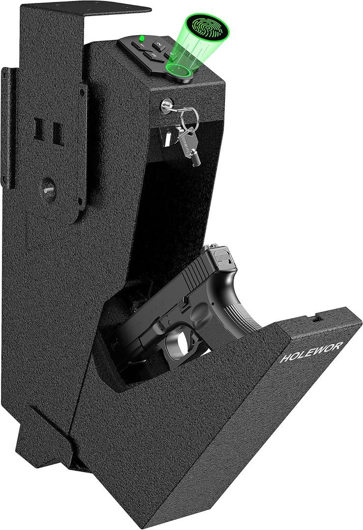HOLEWOR Safe, Biometric Safe for Handgun Drop Down Pistol Safe Mounted Single Handgun Safe with Fingerprint, Passcode, Key Access for Nightstand, Desk, Bedside