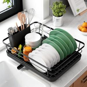 Kitsure Dish Drying Rack for Kitchen Counter, Stainless Steel Sink Organization and Storage Essentials with Cutlery Holder, Home and Appartment Decor, 12''W x 15''L, Black