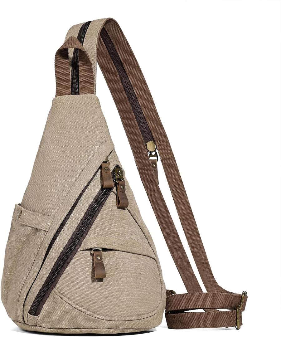 KL928 Canvas Sling Bag - Small Crossbody Backpack Shoulder Casual Daypack Rucksack for Men Women(Large Version, Khaki)
