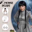 Benehair Black Braided Wig With Bangs, Long Braid Pigtail Wig For Women Adult Halloween Themed Party Cosplay Wed